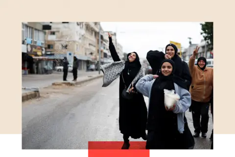 Reuters A treated image showing a group of women and girls welcoming the people coming back to Tyre 