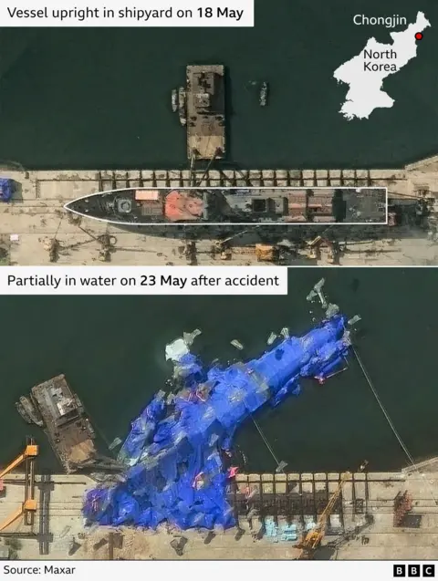 Two images showing the before ansd after. Both show the same concrete harbourside along the bottom of the image, and dark green water above. The first you can make out the outline of a ship from above; the second the ship is on its side, half in the water and covered in a bright blue tarpualin