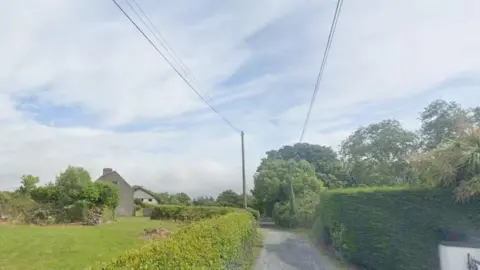 A Google Street View image of a country road with a row of hedges and trees to the right and an row of hedges to the left with a garden and grey building behind it. There is a cloudy blue sky above. 