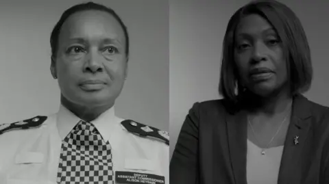 Dr Alison Heydari on the left and former Inspector Jennifer Donaldson on the right are pictured in black and white. Dr Heydari is wearing her Metropolitan Police uniform. Her hair is black and pulled back and she is looking into the distance. Jennifer Donaldson is wearing a dark jacket and a white top with a necklace. Her hair is dark and cut in a bob. She is looking into the camera.