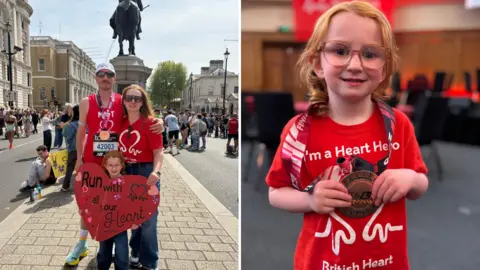 Emily Bowen Two pictures side by side. On the left is a man, a woman and a young girl all wearing British Heart Foundation red t shirt and looking at the camera. The man has a race bib pinned to him and a medal around his neck. The girl is holding a heart-shaped poster which reads "Run with all your heart". Behind them is a busy London street.