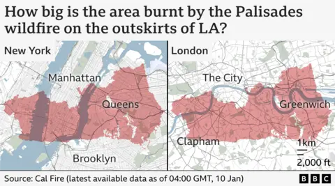 A map titled: "How big is the area burnt by the Palisades wildfires on the outskirts of LA?" This shows an outline of the shape and size of the fire superimposed on maps of New York City and London - showing that the fire would cover a significant area of both city centres