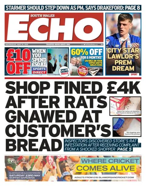 South Wales Echo Main headline: Shop fined £4k after rats gnawed at customer's bread. Next to imaged of rat droppings in the shop.