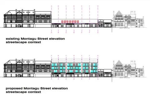 Muddy Dog Architects A drawing showing how the street looks now compared to how it could look if plans are approved