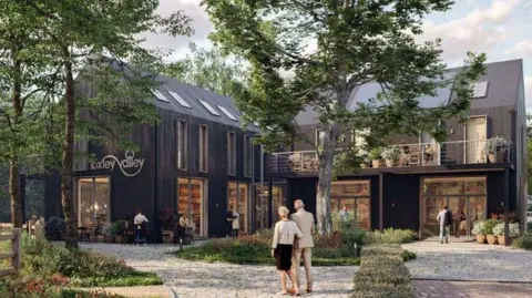Sky-House An artist's impression shows a building with black wood panels and a pitched roof with a long balcony in woodland. There are people walking past outside