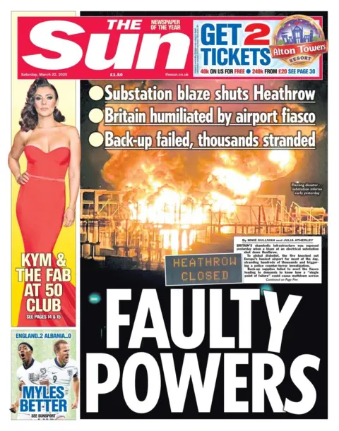 The front page of the sun shows a large orange flame ball engulfing the substation at Heathrow Airport, which reads: The power of fault in the big letters. Sub-peak reading: The substation fire closed Heathrow Airport, Britain was humiliated by the airport's crushing defeat, the reserve failed, and thousands of people were stranded.