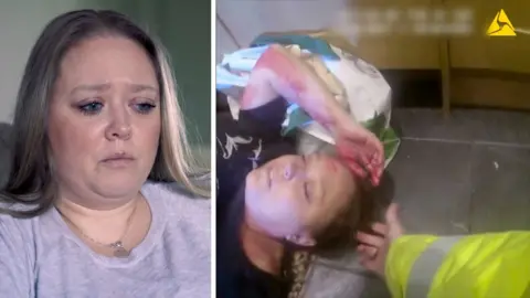 A composite image of a woman with long hair, wearing a grey tshirt and the same woman lying on floor with blood on her arm