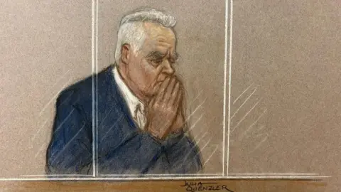 Julia Quenzler Sketch of Huw Edwards astatine  Westminster Magistrates' Court sentencing proceeding  connected  16 Septmebr 2024 by Julia Quenzler