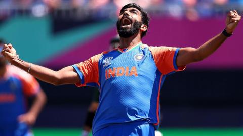 India's Jasprit Bumrah celebrates taking a wicket against Pakistan at the T20 World Cup