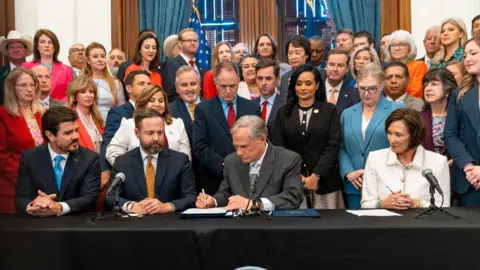 Office of the Texas Governor Flanked by a group of other state officials, Texas Governor Greg Abbott signs a document