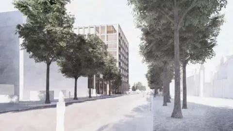 Bennetts Associates An artist's impression of an eight-storey modern office building with each elevation dominated by windows. There is a line of trees to the left of the building and another on the opposite side of the road that passes the building.