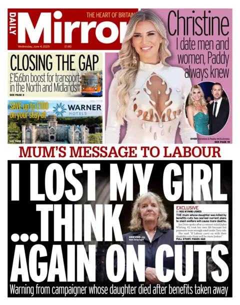 "I lost my girl... think again on cuts" reads the headline on the front page of the Daily Mirror.