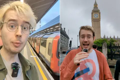 On the right - An image of Tom Rees with white hair and glasses next to an underground train. On the left he is speaking into a microphone outside Big Ben wearing an orange shirt, white t-shirt and glasses.