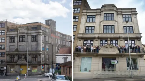 Hastings Commons A composite picture showing the derelict Observer Building on the left and the now partially restored property on the right. 