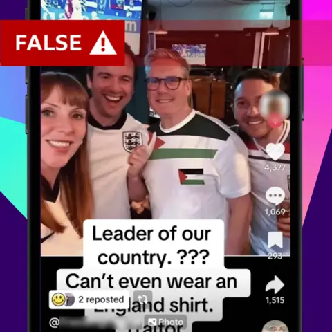 A graphic showing a phone with a screenshot of a TikTok post showing Sir Keir Starmer watching England on TV with Labour colleagues, but the image has been altered to put a Palestinian flag on his white T-shirt with a caption: 