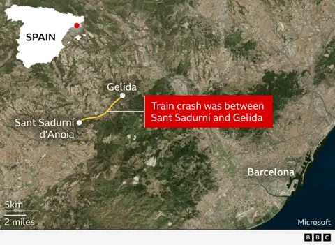 Map of Catalonia highlighting the area between Sant Sadurní d'Anoia and Gelida, near Barcelona, showing the location of the commuter train crash.