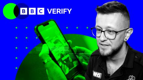 A composite image showing emergency medical advisor Aaron on the right and a phone showing a video featuring Aaron in the middle against a blue and green backdrop