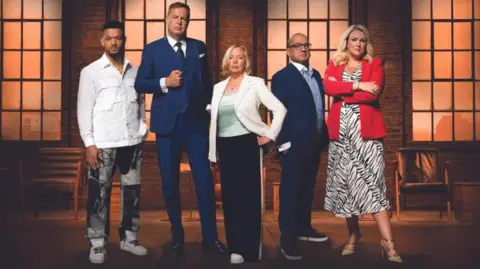 Steven Bartlett, Peter Jones, Deborah Meaden, Touker Suleyman and Sara Davies on Dragons' Den TV set