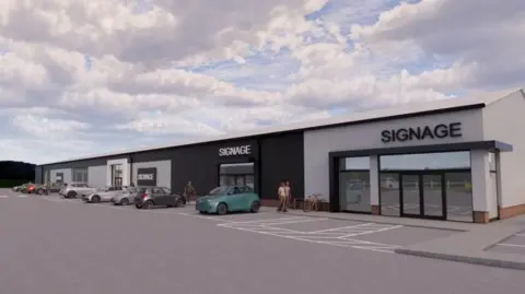An artist's impression of a converted kitchen showroom which is now a series of shop units in a retail park. There is a car park at the front and several cars parked and a few pedestrians. 