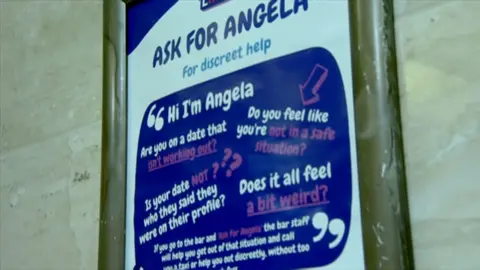 Ask for Angela poster encouraging anyone who feels threatened or scared on a night out to approach the bar and use the code word 'Is Angela there?'