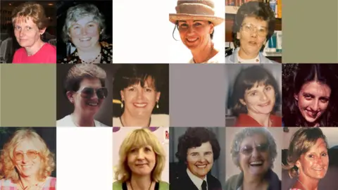 A collage containing images of 13 women, pictured on a grid which has some blank spaces. The women are of a variety of different ages - some are young, others are older and have grey hair.