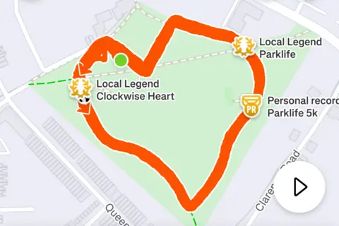 LAURENCE DENIS An image of the Strava app showing a running route in the shape of a heart