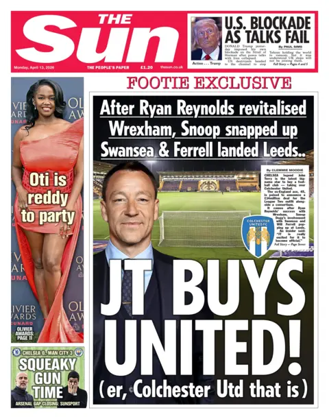 "Footie exclusive: After Ryan Reynolds revitalised Wrexham, Snoop snapped up Swansea & Ferrell landed Leeds... JT buys United! (er, Colchester Utd that is)," reads the headline on the front page of the Sun.