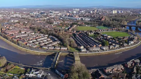 A view of the city of Preston and surrounding area from the air