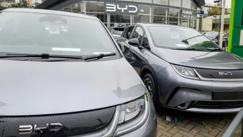 BYD cars in a London showroom