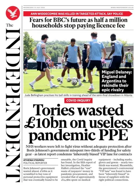"Tories wasted £10bn on useless pandemic PPE," reads the headline on the front page of the Independent. 