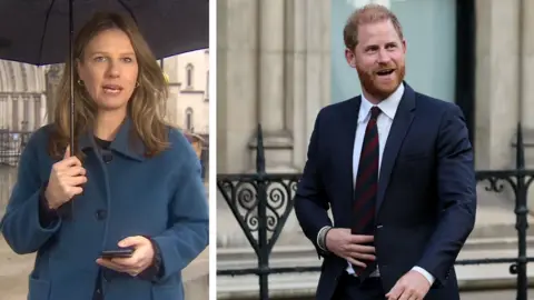 Composite image showing BBC's Helena Wilkinson holding an umbrella on the left, and Prince Harry on the right