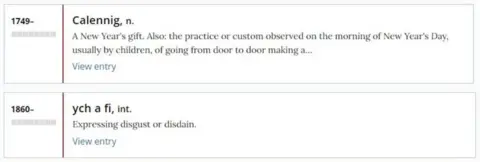 OED entries from the online version of the OED including calennig and ych a fi