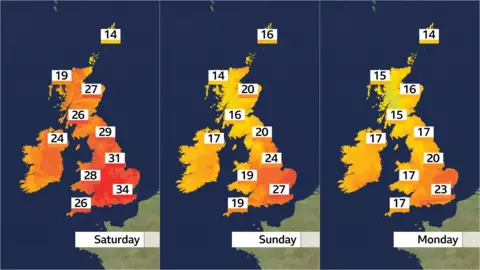 Heat maps of the UK and Ireland showing forecast regional maximum temperatures on Saturday, Sunday and Monday.