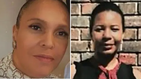 Two separate photos of Fiona Holm and Naomi Hunte, placed next to each other. On the left is Fiona Holm, looking directly into the camera. She is smartly dressed, wearing earrings and a patterned cream coloured top, her hair tied back. On the right is Naomi Hunte, who stands in front of a red brick wall, wearing a smart black dress with a red scarf 