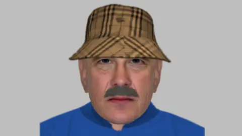 E-fit of an older man who is wearing a blue top, a brown, tartan bucket hat and has a grey moustache