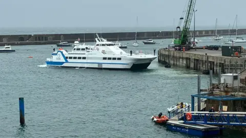 A picture of a ferry in the port on a grey day. It is a large white ferry with blue detail on it.