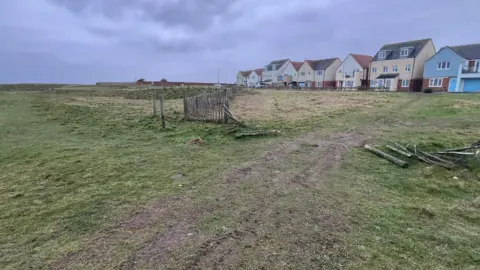 A partially knocked down fence on an area of land with closely cut grass near a row of detached houses. Fence posts are lying on the ground and tyre tracks can be seen in the grass.