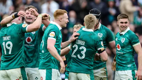 Ireland players celebrate during Saturday's Six Nations win over England