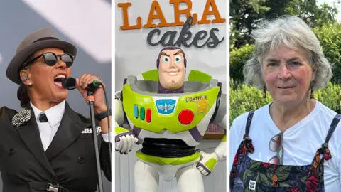 A composite image featuring on the left Pauline Black of The Selecter, in a grey hat, sunglasses and black jacket. In the centre is a near adult sized cake in the shape of Buzz Lightyear and on the right is a woman with greying hair in a white and floral top, standing in front of some trees