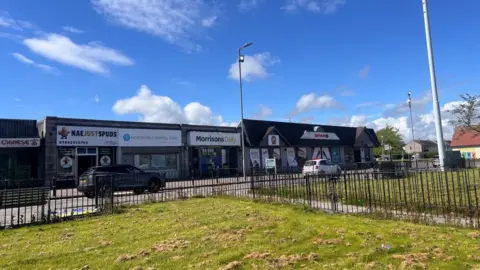 A row of shops under a blow sky, there are grass areas in the foreground, and cars parked in the street.
