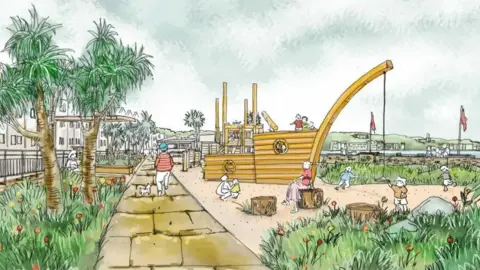 A drawing of one of the marine gardens with half a wooden ship climbing frame, it includes a rope swing, over sand, there are wooden blocks as seating, and grass around.