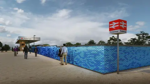 A CGI image of the outside of Portishead railway station.