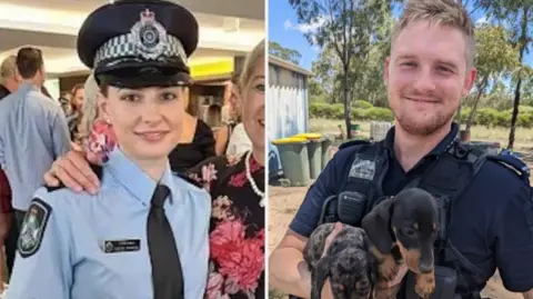 Queensland Police A split image: on one side is a female police officer in light blue police uniform with a necktie and hat, smiling for the camera while an older woman just out of frame puts their arm around her shoulder. On the other side is a male police officer in navy blue police uniform smiling for the camera while standing outside holding two small puppies