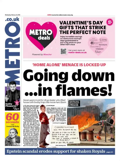 "Going down... in flames!" reads the headline on the front page of Metro.