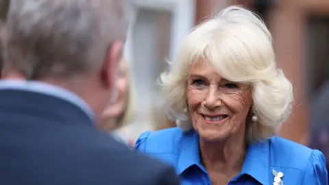 A picture of Queen Camilla taken over the shoulder of a man wearing a suit. She is wearing a blue dress.