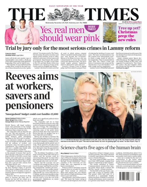 "Reeves aims at workers, savers and pensioners", reads the headline on the front page of the Times.