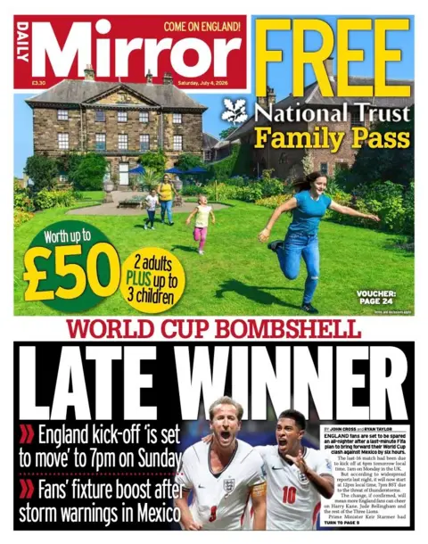 The headline on the front page of the Daily Mirror reads: “Late winner”.