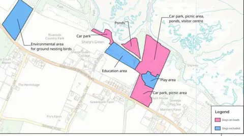 Medway Council A map showing planned changes to dog walking rules in Riverside Country Park, Medway.
