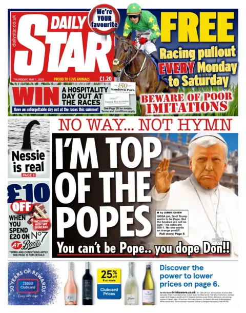 The headline on the front page of the Daily Star reads "I'm top of the Popes."
