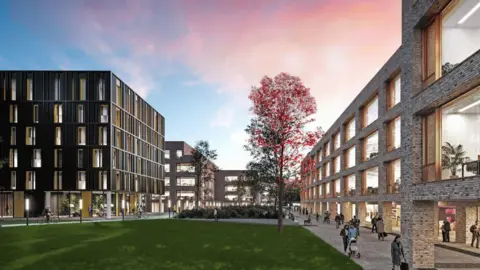 Artist impression of new blocks of flats and offices surrounded by footpaths and greenery.